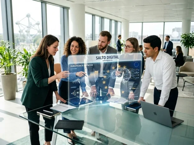 A striking photorealistic image capturing a diverse group of young European professionals collaborating in a sun-drenched, minimalist office. They interact seamlessly with a glowing, semi-transparent holographic interface filled with gold and blue EU star motifs and flowing AI data streams, symbolizing the perfect harmony between human ingenuity and advanced technology.