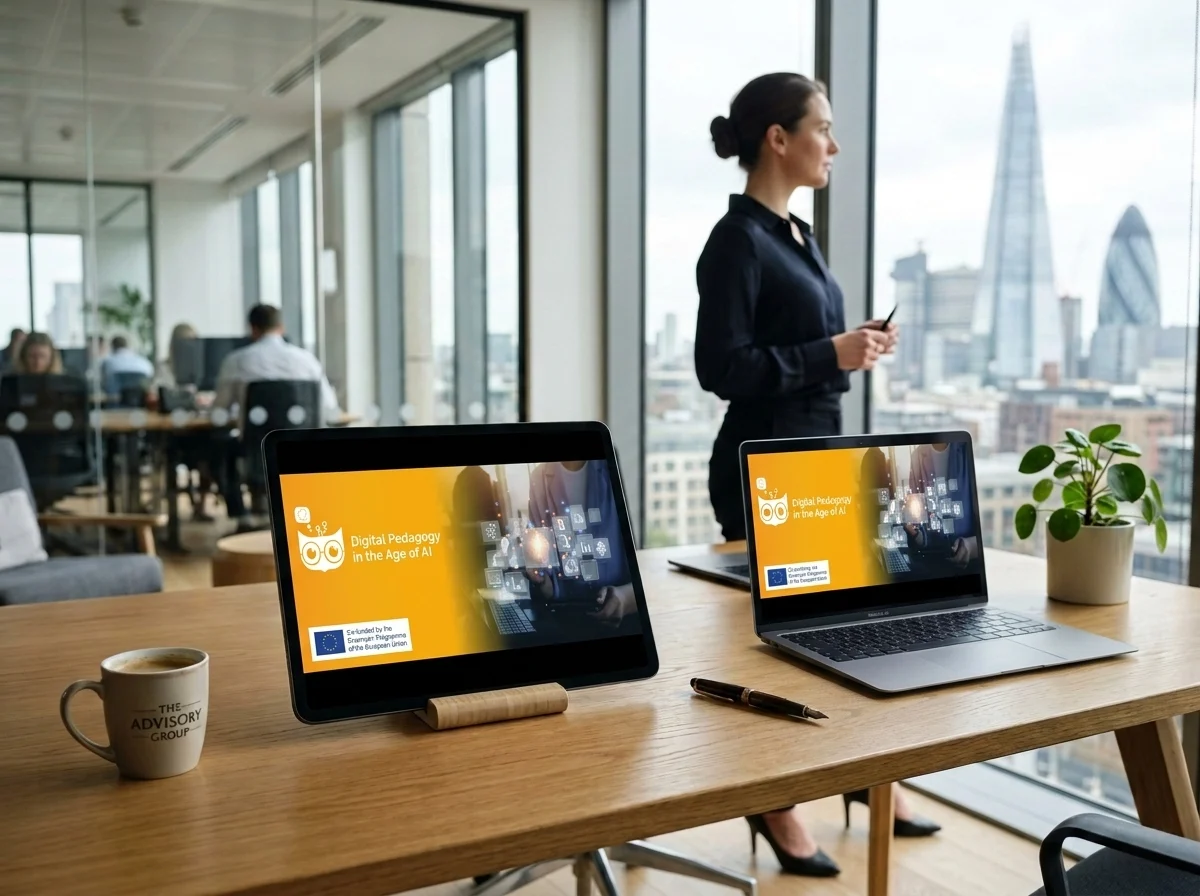 A sleek, sun-drenched European office featuring a tablet displaying a modern course dashboard on AI collaboration and data privacy, with a thoughtful professional looking out the window in the background.